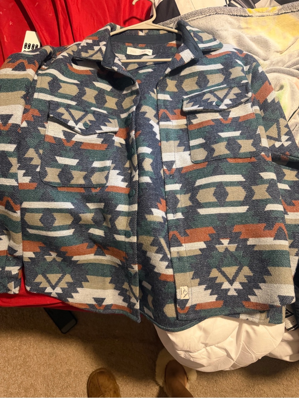 Zara Aztec-Pattern Shacket - Blue, Green & Brown